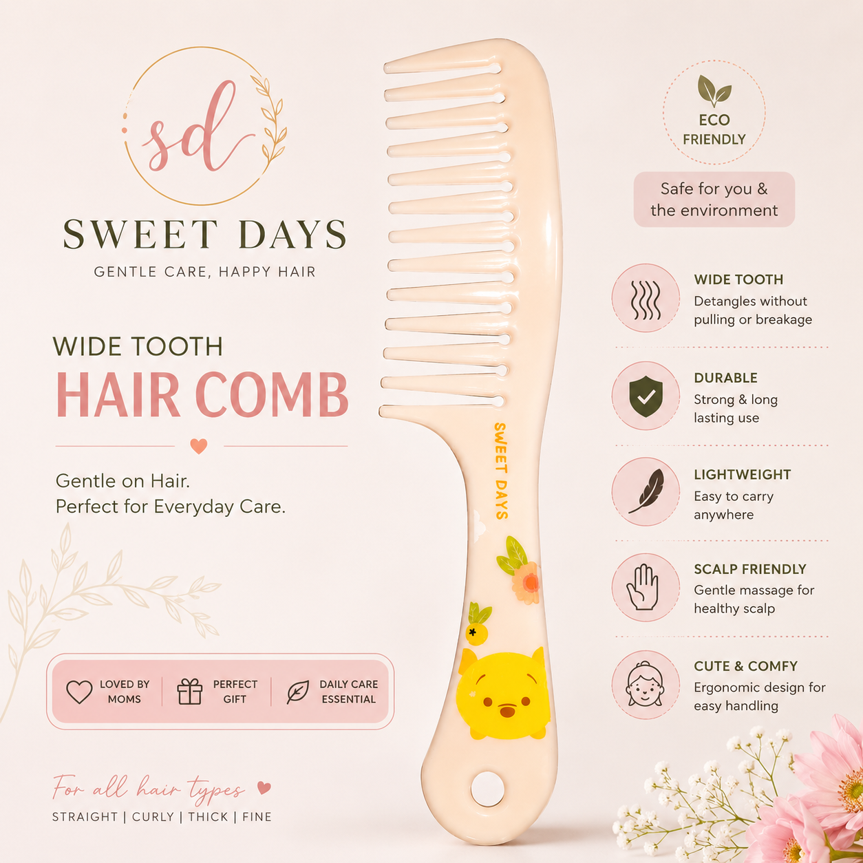 Wide Tooth Hair Comb Features